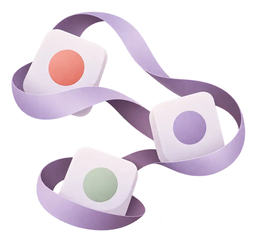 Three small tiles, each holding one coloured dot, joined by a soft ribbon.