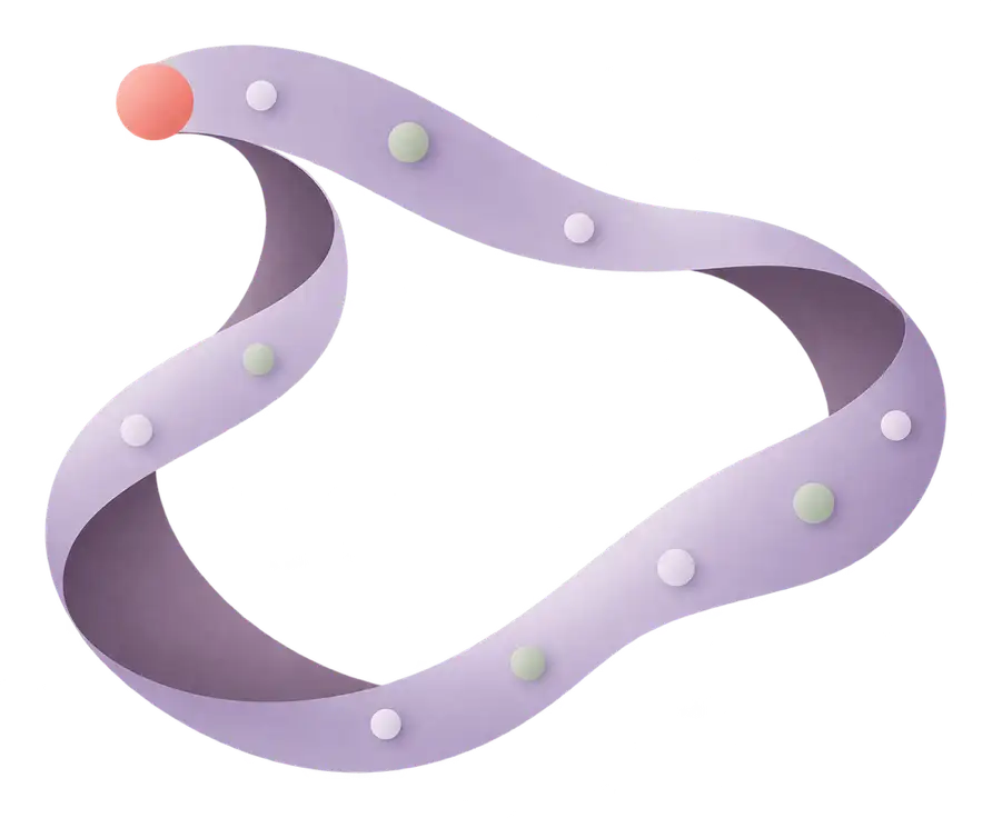 A ribbon unfolding from a single coral dot into a calm, open loop.