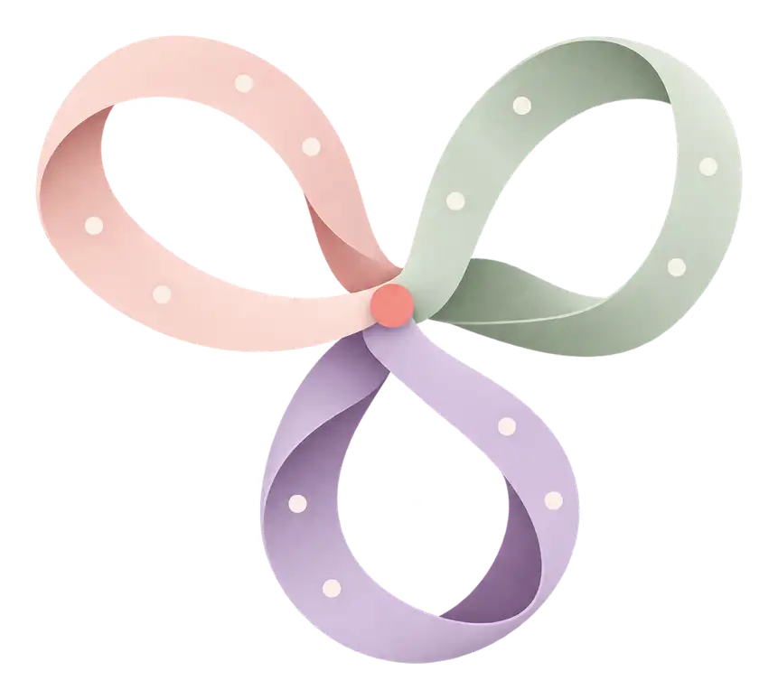 Three ribbons in coral, sage and lilac, braided together and then opening into separate loops.