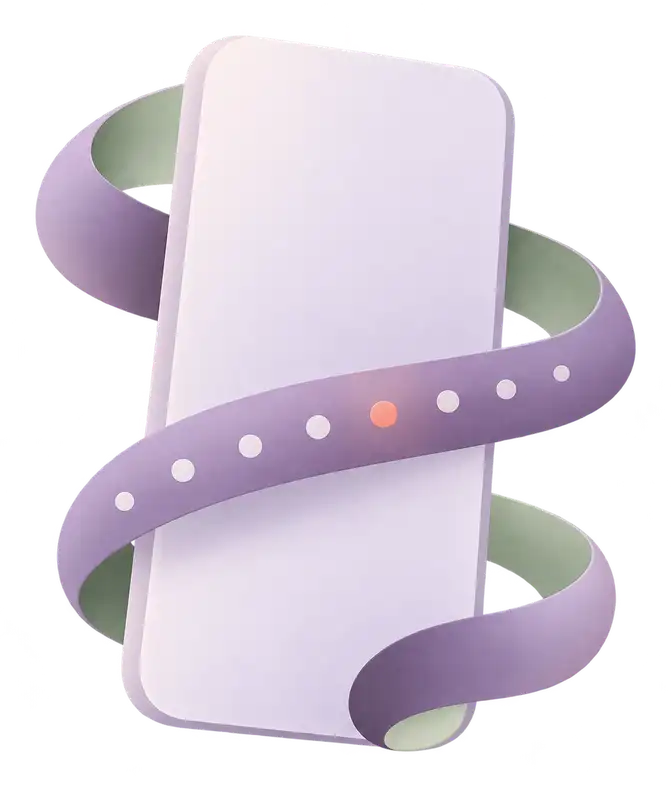 A blank phone shape with a ribbon looping around it and a coral dot on its screen.