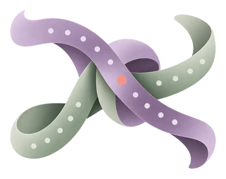 Two ribbons meeting and tying into a loose knot around a coral dot.